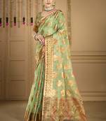 Sangam prints pista green organza woven work traditional saree