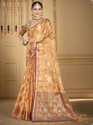 Sangam prints peach organza woven work traditional saree 1