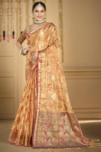 Sangam prints peach organza woven work traditional saree