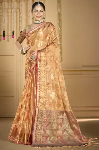 Sangam prints peach organza woven work traditional saree
