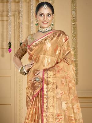 Sangam prints peach organza woven work traditional saree 2