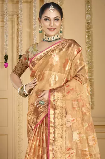 Sangam prints peach organza woven work traditional saree