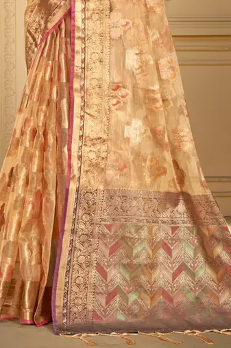 Sangam prints peach organza woven work traditional saree