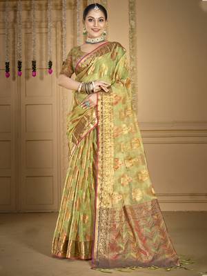 Sangam prints light green organza woven work traditional saree 1
