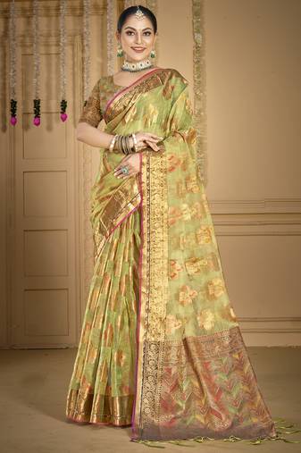 Sangam prints light green organza woven work traditional saree