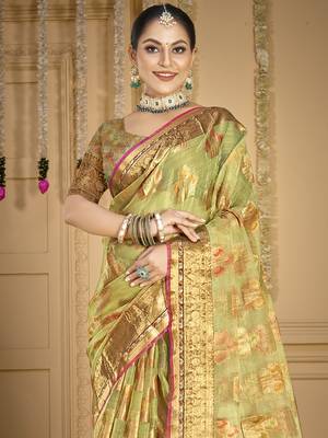 Sangam prints light green organza woven work traditional saree 2