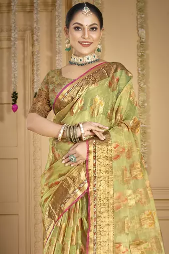 Sangam prints light green organza woven work traditional saree
