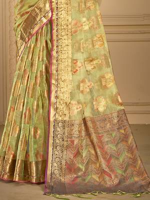 Sangam prints light green organza woven work traditional saree 3