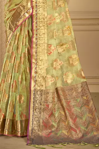 Sangam prints light green organza woven work traditional saree