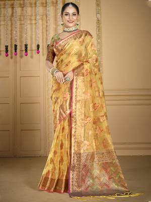 Sangam prints beige organza woven work traditional saree 1
