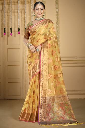 Sangam prints beige organza woven work traditional saree