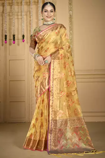 Sangam prints beige organza woven work traditional saree
