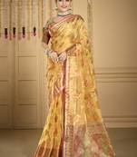 Sangam prints beige organza woven work traditional saree