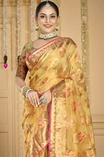 Sangam prints beige organza woven work traditional saree