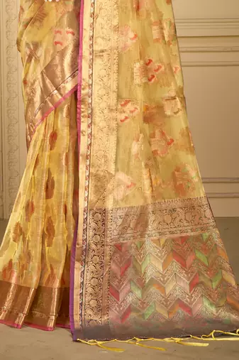 Sangam prints beige organza woven work traditional saree