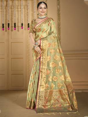 Sangam prints sea green organza woven work traditional saree 1