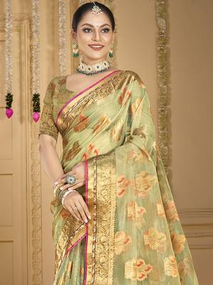Sangam prints sea green organza woven work traditional saree 2