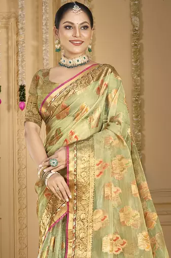 Sangam prints sea green organza woven work traditional saree