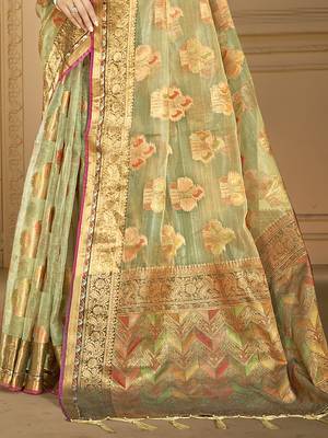 Sangam prints sea green organza woven work traditional saree 3