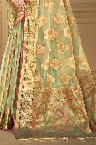 Sangam prints sea green organza woven work traditional saree