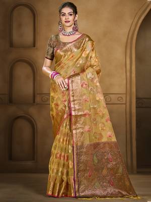 Sangam prints yellow organza woven work traditional saree 1