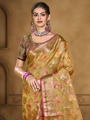 Sangam prints yellow organza woven work traditional saree 2