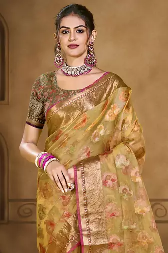 Sangam prints yellow organza woven work traditional saree
