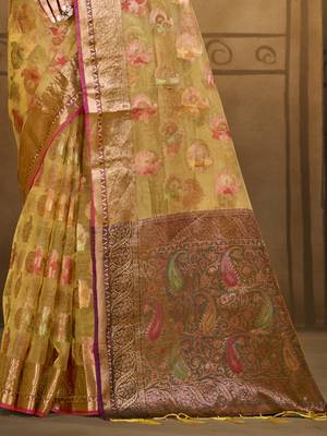 Sangam prints yellow organza woven work traditional saree 3