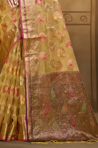 Sangam prints yellow organza woven work traditional saree