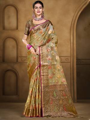 Sangam prints olive green organza woven work traditional saree 1