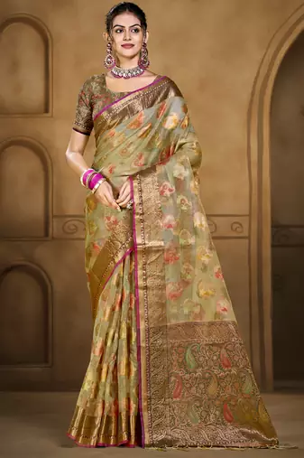 Sangam prints olive green organza woven work traditional saree