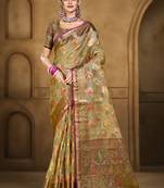 Sangam prints olive green organza woven work traditional saree
