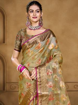 Sangam prints olive green organza woven work traditional saree 2