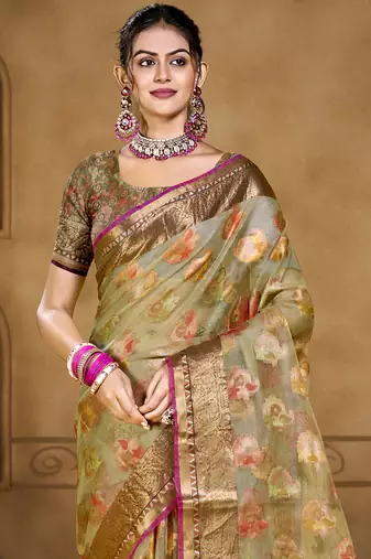 Sangam prints olive green organza woven work traditional saree