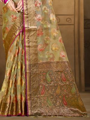Sangam prints olive green organza woven work traditional saree 3