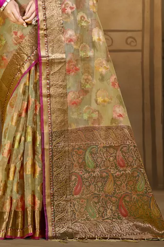 Sangam prints olive green organza woven work traditional saree