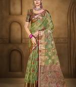 Sangam prints green organza woven work traditional saree