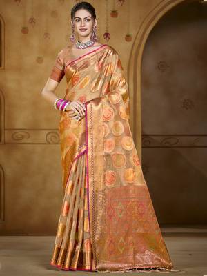 Sangam prints brown organza woven work traditional saree 1