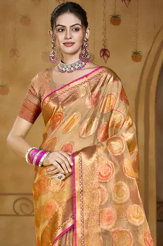 Sangam prints brown organza woven work traditional saree