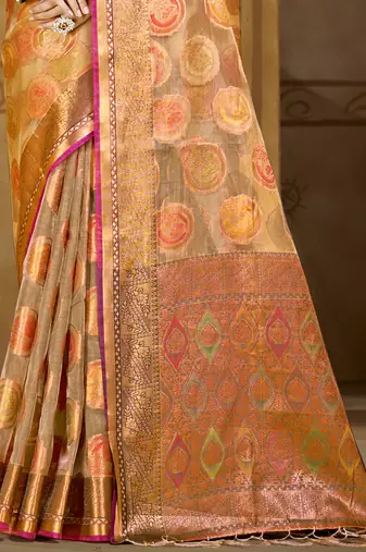 Sangam prints brown organza woven work traditional saree