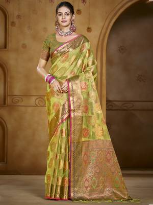 Sangam prints light green organza woven work traditional saree 1