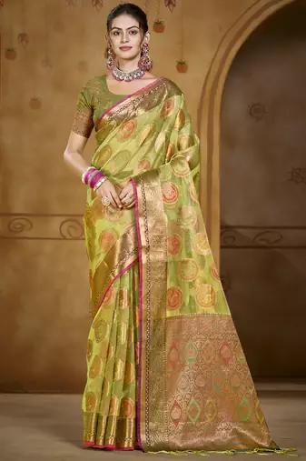 Sangam prints light green organza woven work traditional saree