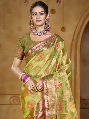 Sangam prints light green organza woven work traditional saree 2