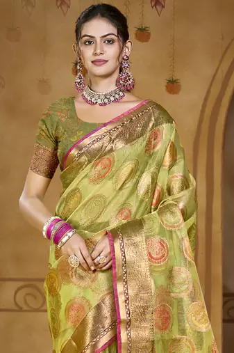 Sangam prints light green organza woven work traditional saree