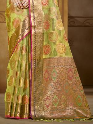 Sangam prints light green organza woven work traditional saree 3