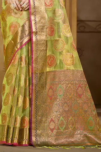 Sangam prints light green organza woven work traditional saree
