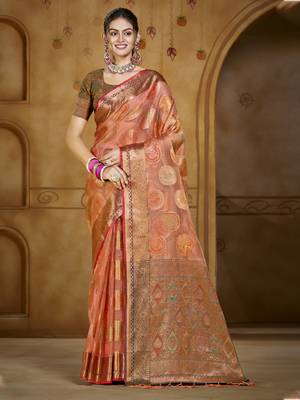 Sangam prints pink organza woven work traditional saree 1