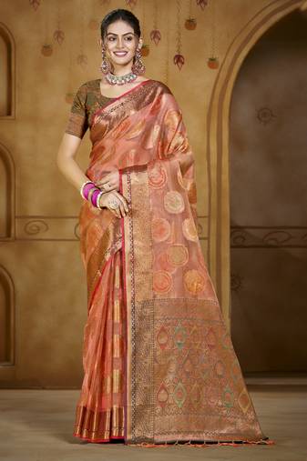Sangam prints pink organza woven work traditional saree