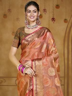 Sangam prints pink organza woven work traditional saree 2
