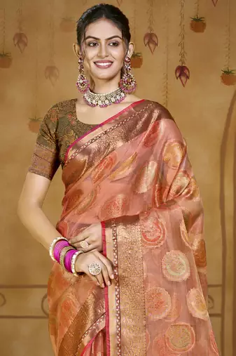 Sangam prints pink organza woven work traditional saree